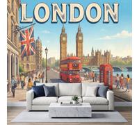 Photo Wallpaper Red Double Decker Bus Panoramic Mural 450 x 315 cm | Non-Woven Wall Murals, Phone Box Big Ben Street Pedestrians Wallpaper for Living Room Kitchen Dining Room Bedroom Hallway