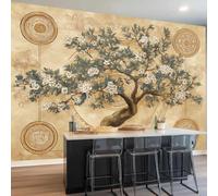 Photo Wallpaper Retro Ancient Trees Squares Circles Poster Non-Woven Fleece Wall Mural - Brown Panoramic Large mural for Living Room Bedroom Kitchen Office Kids Room, 300 x 210 cm wallpaper Wall Decor