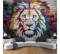 Photo Wallpaper Retro Brick Wall Lion 450×300cm Non-Woven Premium Art Print XXL Mural 3D Effect Decoration Poster, Graffiti Animals Picture Design Modern Bedroom Living Room Decoration -White