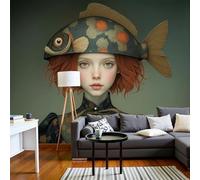 Photo Wallpaper Retro Fantasy Portrait 3D Effect Panoramic Mural Red-Haired Girl In Fish-Shaped Hat Wall Paper for Bedroom, Living Room, Restaurant, Cafe Fireplace Wall Decoration, 300x210cm Green
