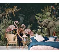 Photo Wallpaper Retro Tropical Jungle 3D Effect Panoramic Mural Leopard, Elephant, Flamingo Wall Paper for Bedroom, Living Room, Restaurant, Cafe Fireplace Wall Decoration, 300x210cm Dark Green