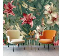 Photo Wallpaper Retro Watercolor Flowers Dragonflies and Insects Decor Wall Mural, for Living Room Children's Bedroom 300 x 210 cm Non-Woven Premium Photo Wallpapers Green Indoor Home Background