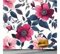 Photo Wallpaper Retro Watercolor Flowers Theme, Non-Woven Art Print Wallpaper 300 x 210 cm, Modern Wall Mural Design for Living Room Kids Bedroom Photo Wall Decoration, Pink