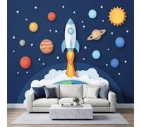 Photo Wallpaper Rocket Planets 350x256 cm Non-Woven Premium Art | Print Fleece Wall Mural Decoration Poster Picture, Cartoon Sun Stars Wallpaper for Bedroom Living Room Background