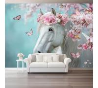 Photo Wallpaper Romance White Horse Cherry Blossoms98.4 x 68.8" Wall Mural Deco Premium Non-Woven Art Print Wallpaper for Living Room Home Decoration Bedroom Kitchen Wall Paper White