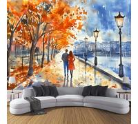 Photo Wallpaper Romantic Couple Stroll 200×150 Cm 3D Printing Wall Mural Decoration Poster Picture Design Autumn City Oil Painting Living Room Kitchen Bedroom Wall Mural, Mixed Colors