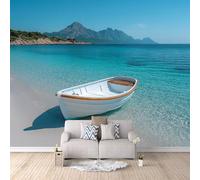 Photo Wallpaper Sea Beach Boat 400x280 cm 3D Printed Landscape Wall Paper Non-Woven Fabric No Adhesive Backing Mural Wall Easy to Install Clean for Dining Room Interiors Poster Bedroom Accessories
