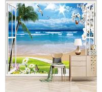 Photo Wallpaper Seascape Outside The Window 366x254cm,Seagulls and Flowers in The Tree Silk Cloth Decor Wallpaper,for Living Room Bedroom Kids Room Nursery