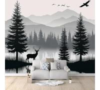 Photo Wallpaper Silhouette Forest Lake Deer Pine Tree Bird Murals, Grey Wall Mural Photo Wallpaper, 200 x 140 cm Wallpaper Mural Wall Art for Living Room Bedroom Children's Room Corridor