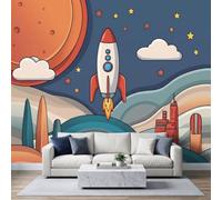 Photo Wallpaper Space Rocket Panoramic Mural 400 x 280 cm | Non-Woven Wall Murals, Cartoon Space Wallpaper for Living Room Kitchen Dining Room Bedroom Hallway