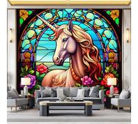 Photo Wallpaper Stained Glass Windows Wall Decor, 200 x 140 cm - Premium Non-Woven 3D Print Kids Bedroom Home Poster Decoration Poster Picture Design - Unicorn Flowers