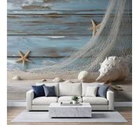 Photo Wallpaper Starfish on Blue Wood 250x175 cm Non-Woven Premium Art | Print Fleece Wall Mural Decoration Poster Picture, Nautical Shabby Chic Beach Wallpaper for Bedroom Living Room Background
