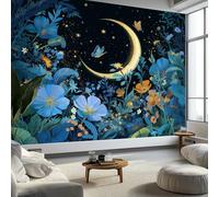 Photo Wallpaper Starry Sky Flowers Moon Butterfly 300 x 210 cm Black Wall Mural, Non-Woven Fleece Modern Print Murals Wall Art for Bedroom Living Room Home Decor