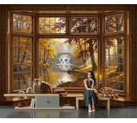 Photo Wallpaper Streams Stone Bridges Waterfalls 350×256 Cm - Wall Mural Deco Art Print Wallpaper For Living Room - Home Decoration Bedroom Kitchen Wall Paper - Autumn Forest Window View-Caramel Brown