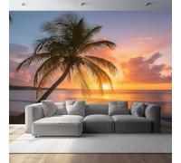 Photo Wallpaper Sunset and Palm Trees Pattern 118" x 83"/300 x 210 cm(WxH), Non-Woven Wall Art Mural Natural Style Wallpaper for Bedroom Living Room Bathroom Adults, Not Peel and Stick, Golden Yellow