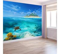Photo Wallpaper Surreal Seascape Island Sea Turtle 300 x 210 cm Azure Wall Mural, Non-Woven Fleece Modern Print Murals Wall Art for Bedroom Living Room Home Decor