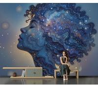 Photo Wallpaper Surreal Starry Sky 3D Effect Panoramic Mural Starry River Curly-Haired Girl Wall Paper for Bedroom, Living Room, Restaurant, Cafe Fireplace Wall Decoration, 450x315cm Blue-Purple