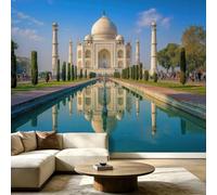 Photo Wallpaper Taj Mahal Lake View 300 x 210 cm (WxH) Non-Woven Premium Art Print, Indian Classical Design Multicolour Wall Mural, Home Decor Theme Wallpaper for Bedroom Living Room