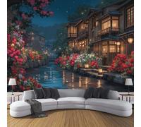 Photo Wallpaper Traditional Japanese Architecture 3D Effect Panoramic Mural Riverside Night View Wall Paper for Bedroom, Living Room, Restaurant, Cafe Fireplace Wall Decoration, 450x315cm Brown