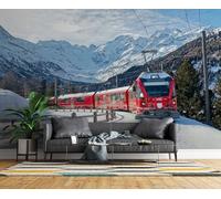 Photo Wallpaper Train Steam Car Non-Woven Wall Mural 3D Snow-Capped Mountains The Alps Mural Wallpaper for Living Room Bedroom Kids Room Office TV Background Home Decor 200x140 cm H1481