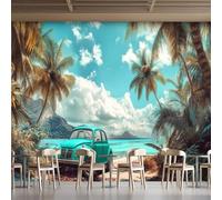 Photo Wallpaper Tropical Coconut Grove Retro Car Wall Mural 3D Wall Mural Decoration Poster Premium Non-Woven Wallpaper Wall Art for Living Room Bedroom Children's Room Office W200xH140 10yf154