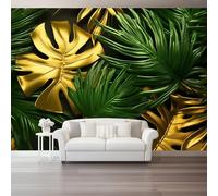 Photo Wallpaper Tropical Leaf Pattern 200 x 140 cm - Modern Luxury Style Wall Mural Non-Woven Murals Wall Art Fleece Gold Green Print Home Decoration Design for Living Room