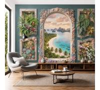 Photo Wallpaper Tropical Resort 450x315cm 3D Effect Wall Mural Island Beach Window View Silk Premium Art Print Decoration Poster Picture for Living Room, Bedroom Office Wall Decor, Turquoise Blue