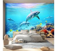 Photo Wallpaper Underwater Dolphin Pattern 350 x 256 cm - 3D Natural Style Wall Mural Non-Woven Murals Wall Art Fleece Blue Print Home Decoration Design for Living Room