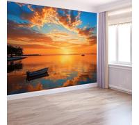 Photo Wallpaper Vacation Style 300 X 210 Cm Non-Woven Sunset at The Seaside Mural Decoration Poster Picture Design for Room Sofa Tv Background Self-Adhesive, DIY Wallpaper Decorate Orange Color
