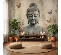 Photo Wallpaper Vintage Butterfly Buddha Statue Art 450×315 CM | Silk Print Wall Mural Decoration Poster Home DIY Decoration Buddha Head Flowers Butterfly Art for Living Room Bedroom Yoga Studios