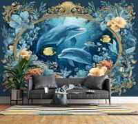 Photo Wallpaper Vintage Dolphin Wall Mural Non-Woven Matt | Wipeable Panoramic Mural Wallpaper Tropical Fish Marine Waterproof Wall Art 500x280 cm for Living Room Bedroom Kid Room K398
