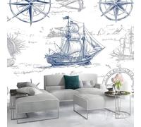 Photo Wallpaper Vintage Map Wall Decor, 200 x 140 cm - Premium Non-Woven 3D Art Print Kids Bedroom Home Poster Decoration Poster Picture Design - Pirate Ship Compass