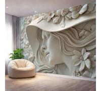 Photo Wallpaper Vintage Style Women's Relief Floral Wall Murals Wallpaper, Beige Decor Wall Mural for Living Room Bedroom Children's Room Home Decoration, 350 x 256 cm