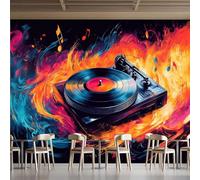 Photo Wallpaper Vinyl Records Wall Mural 3D Wall Mural Decoration Poster Flames Music Premium Non-Woven Wallpaper Wall Art for Living Room Bedroom Children's Room Office W350xH256 14yf234