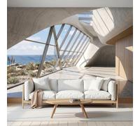Photo Wallpaper Wall Mural Minimalist Window View Window Coastal Architecture Silk Cloth Murals, 400x280cm Photo Poster for Living Room Bedroom Hallway Sofa Background Decoration, Light Blue