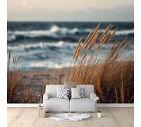Photo Wallpaper Wall Mural Reeds Miscanthus Beach Waves Blurred 300 x 210 cm, Non-Woven Dark Camel Wall Covering for Bedroom Living Room, Large Modern Home Decor Wall Art Poster
