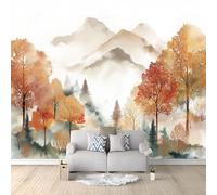 Photo Wallpaper Wall Mural Watercolor Forest Mountain Peaks Mist Landscape 300 x 210 cm, Non-Woven White Wall Covering for Bedroom Living Room, Large Modern Home Decor Wall Art Poster