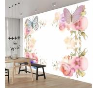 Photo Wallpaper Watercolor Frame 250 x 175 cm (W x H) - Premium Non-Woven 3D Art Print Kids Bedroom Home Poster Decoration Poster Picture Design - Flowers Butterflies