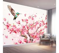 Photo Wallpaper Watercolor Hand-Painted Flowers Birds 350 x 256 cm, Wall Mural Deco Premium Non-Woven Art Print Wallpaper for Living Room Home Decoration Bedroom Kitchen Wall Paper, Pink