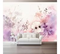 Photo Wallpaper Watercolor Leaves Plants Flowers Non-Woven Premium Art Print Fleece Wall Mural Decoration Poster Picture Design 300 x 210 cm Murals for Living Room Kids Bedroom, Purple Light Pink