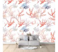 Photo Wallpaper Watercolor Marine Life Coral Background Theme Wall Mural, 350 x 256 cm (W x H) Non-Woven Premium Fleece Wall Mural - Light Pink Bedroom Living Room Eco-Friendly Decoration Wallpaper