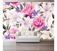 Photo Wallpaper Watercolor Plants Roses Flowers Non-Woven Premium Art Print Fleece Wall Mural Decoration Poster Picture Design 300 x 210 cm Murals for Living Room Kids Bedroom, Pink