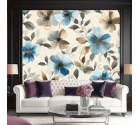 Photo Wallpaper Watercolor Style Print 250 x 175 cm (W x H) - Non-Woven Premium Wall Mural Decoration Poster Design, Beige with Blue Flowers for Living Room, Bedroom, Office