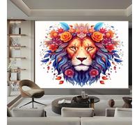 Photo Wallpaper Watercolor Style Wall Decor, 450 x 280 cm - Premium Non-Woven 3D Art Print Kids Bedroom Home Poster Decoration Poster Picture Design - Colorful Lions Flowers