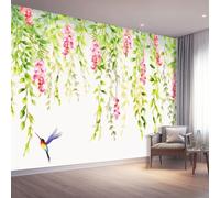 Photo Wallpaper Watercolor Willow Vines Flowers Birds 200 x 140 cm, Wall Mural Deco Premium Non-Woven Art Print Wallpaper for Living Room Home Decoration Bedroom Kitchen Wall Paper, Green Pink