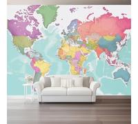 Photo Wallpaper Watercolor World Map Non-Woven Premium Art Print Fleece Wall Mural Decoration Poster Picture Design 200 x 140 cm Murals for Living Room Kids Bedroom, Blue Pink