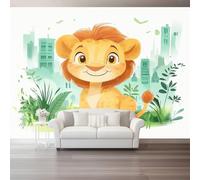 Photo Wallpaper Watercolour Animal Lion Cub 79" x 55"/200 x 140 cm(WxH) Non-Woven Wallpaper Wall Mural, Living Room Bedroom Modern Mural Orange Green Wall Decoration