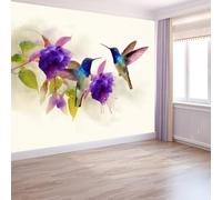 Photo Wallpaper Watercolour Floral Hummingbird 200 x 140 cm Mural Large TV Background - Beige Non-Woven 3D Murals for Living Room Bedroom Decoration Poster Wall Covering
