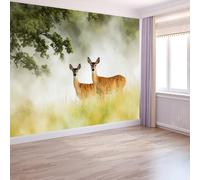 Photo Wallpaper Watercolour Misty Forest Deer 200 x 140 cm Mural Large TV Background - Light Green Non-Woven 3D Murals for Living Room Bedroom Decoration Poster Wall Covering