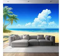Photo Wallpaper White Clouds Palm Trees Waves 500 x 280 cm - Beach Blue Sky Non-Woven Murals Wall Art Fleece Modern Print Home Decoration Design Bedroom Living Room